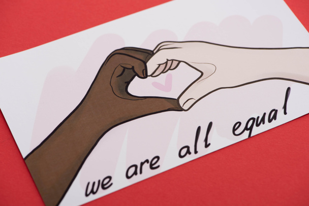 picture with drawn multiethnic hands showing heart gesture on red background - Photo, Image