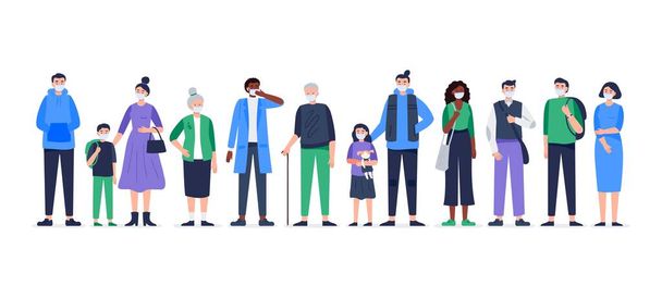 Multicultural group of people wearing medical masks to prevent disease, flu, air pollution, and contaminated air. Vector flat illustration. - Vector, Image