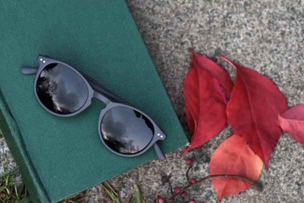 Óculos de sol óculos de óculos no parque natural ao ar livre na mesa de madeira
 - Foto, Imagem