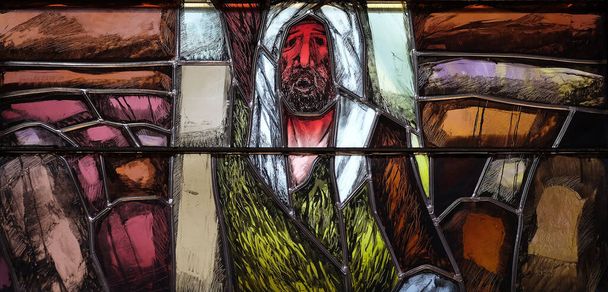 Bůh vede své vlastní k dokončení v celé své slávě, detail vitráže okna Sieger Koder v kostele sv. Jana v Piflase, Německo - Fotografie, Obrázek