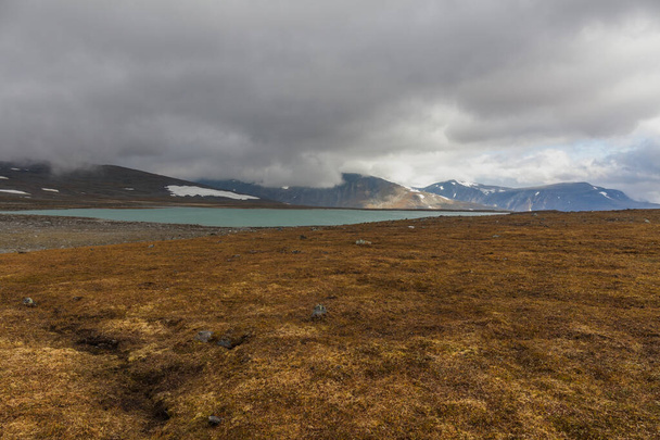 View of the valley. Northern Sweden, Sarek National Park in stormy weather in autumn. selective focus - 写真・画像