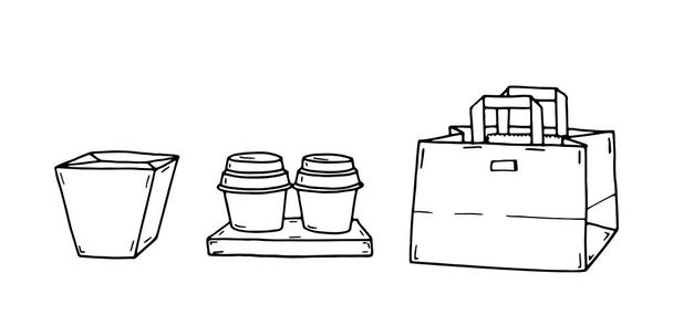 紙袋のラインアートのドアセット、スタンドの使い捨てカップに2つのテイクアウトコーヒーと白い背景に隔離されたwokボックス。食品の配達、パッケージと食事のコンセプト - 写真・画像