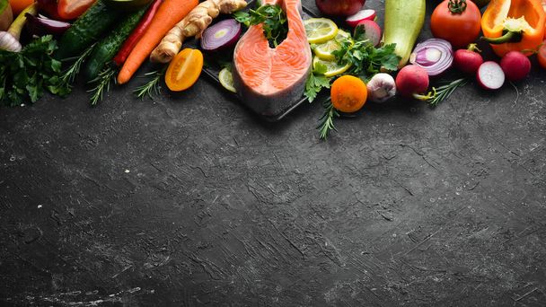 Healthy food menu: fish meat, vegetables and fruits. Diet menu. - Фото, зображення