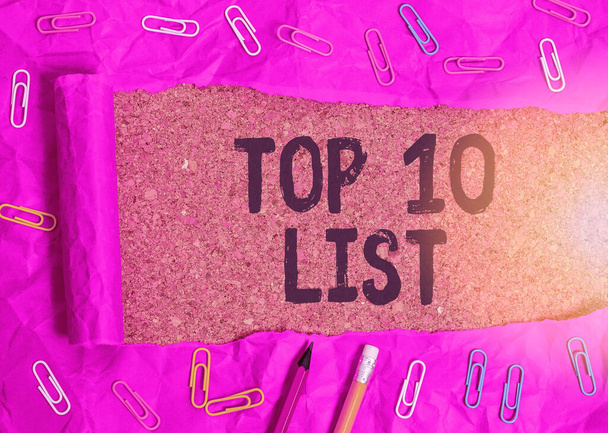 Wortschreibtext Top 10 Liste. Geschäftskonzept für die zehn wichtigsten oder erfolgreichsten Punkte einer bestimmten Liste. - Foto, Bild