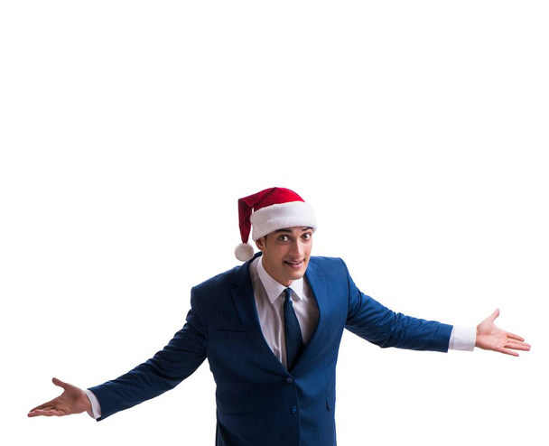 Молодой бизнесмен в шляпе Санты в рождественской концепции на белом
 - Фото, изображение