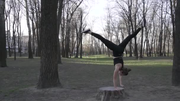 Een jonge blanke vrouw doet een handstand in een bosrijke omgeving, met haar handen op een boomstronk. Gezonde Lifestyle vrouwelijke Praktijk Handstand On Park. Sportwoman doet fitness acrobatiek - Video