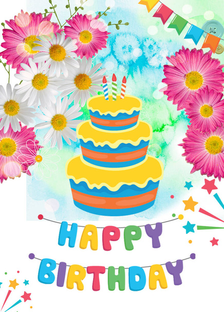 Happy Birthday mit einem Hintergrund aus blauen und rosa Gerbera-Blumen, weißer Kamille und Kuchen. Grußkarte - Foto, Bild