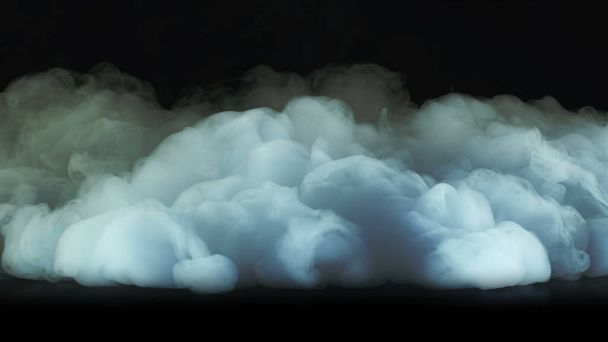 Zdjęcie realistycznych chmur, mgła, opary, mgła, mgła, opary, dym, suchy dym lodowy na czarnym ciemnym tle. Plakat, Tapeta, Tekstura, Baner, Martwy design. Grom Burza błyskawice ciemne chmury. - Zdjęcie, obraz