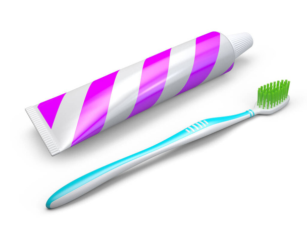 Paste tube and toothbrush. No trademarks. 3D Illustration. - Zdjęcie, obraz