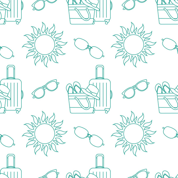 Vector travel seamless pattern Illustration with suitcase, beach bag, flip flops, sun, sun hat, sunglasses. Summer time, vacation, holiday, leisure background. Design wrapping, fabric, print - Vettoriali, immagini