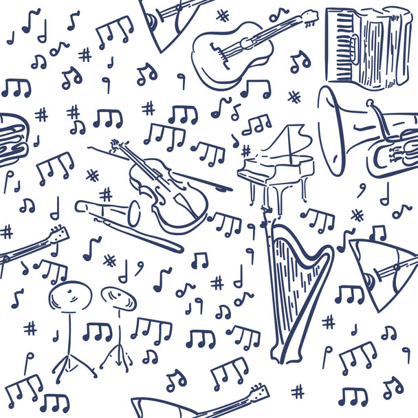 Music Instruments Objects, Line Design, Festival, Event, Live, Concert. Vector cartoon musical instruments, notes. Pattern - Vector, Image