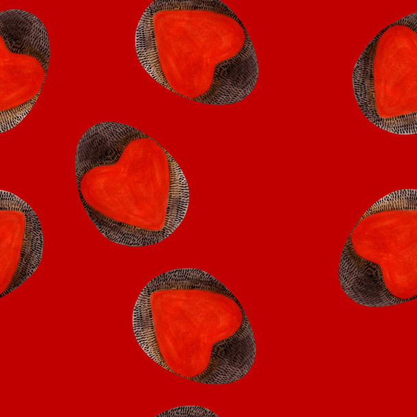 Uovo di Pasqua - con colpi marroni e cuore arancione su esso. Pittura ad acquerello, modello senza cuciture su sfondo rosso. Design per sfondi, sfondi, copertine e imballaggi, carta da imballaggio
. - Foto, immagini