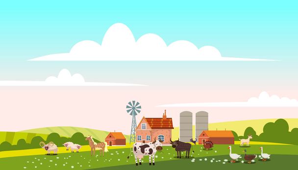 Campo encantador paisaje aldea granja verdes colinas campos, naturaleza, cielo azul de color brillante. Primavera, verano paisaje rural panorama agricultura, ganadería granja vacas, pato, carnero, ovejas. Vector
 - Vector, Imagen