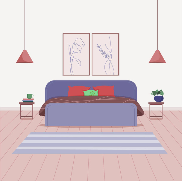 Salón interior con muebles, plantas de interior y decoraciones para el hogar. Apartamento decorado estilo acogedor. ilustración plana vector de dibujos animados. - Vector, Imagen