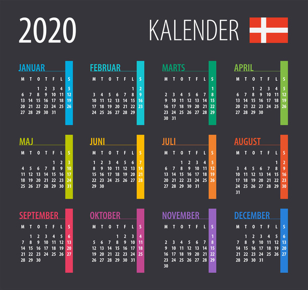 2020 Calendar - illustration. Template. Mock up Danish version - Vector, Image