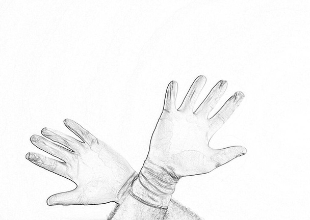 Les mains d'un homme protégé du coronavirus. Gants blancs en latex Protégez votre paume contre les infections, les virus et les germes. Isolement de la peau Symbole de protection contre le risque d'infection. L'obstruction, une barrière à la maladie
. - Photo, image