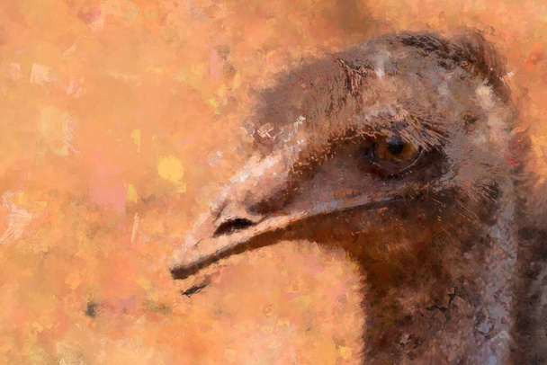 Digitale kunst illustratie - abstracte aquarel schilderij van een emu met een modderige snavel en een starend oog. - Foto, afbeelding