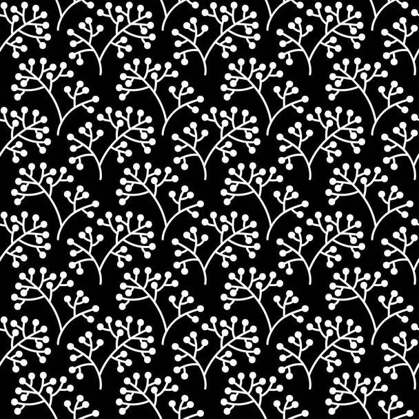 rowanberry cranberry regular rows monochrome black and white handdrawn autumn fall graphic botanical seamless pattern isolated on black background - Vetor, Imagem