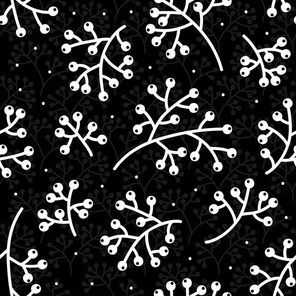 rowanberry cranberry branches monochrome black and white handdrawn autumn fall graphic botanical seamless pattern isolated on black dotted background - Vektör, Görsel