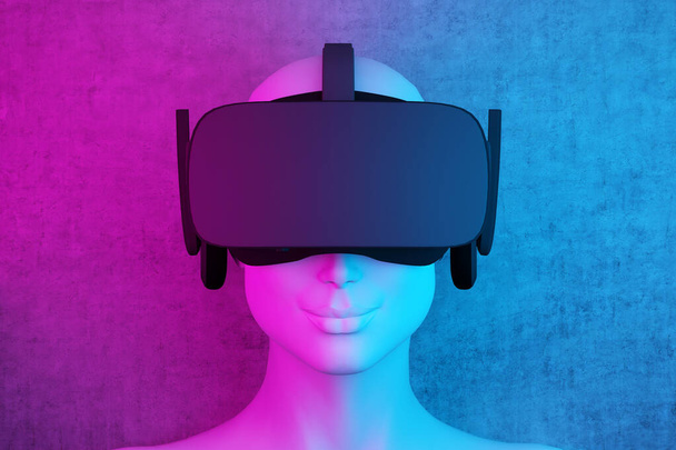 human head virtual reality helmet in pink and blue lighting.3d rendering - Fotografie, Obrázek