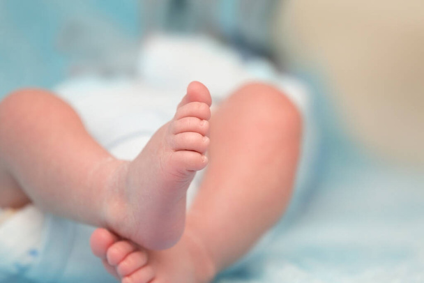 Adorable Little Baby Feet Closeup on Soft Blue Background  - Fotografie, Obrázek