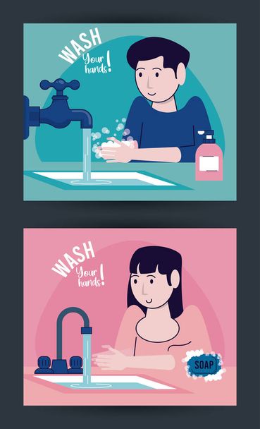 lavarsi le mani campagna poster con coppia e rubinetti d'acqua
 - Vettoriali, immagini