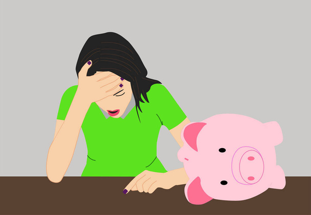 женщина с черными волосами, обеспокоенная экономическим кризисом, лежащая на столе, с копилкой, лежащей без денег
 - Вектор,изображение