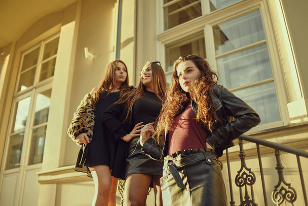 Three summer girl on the background of the penthouse. Gorgeous brunettes having fun outdoors. Girls came to rest, hotel, party. Girlfriends are resting together. Stylish girls, fashionable black clothes. - Foto, afbeelding