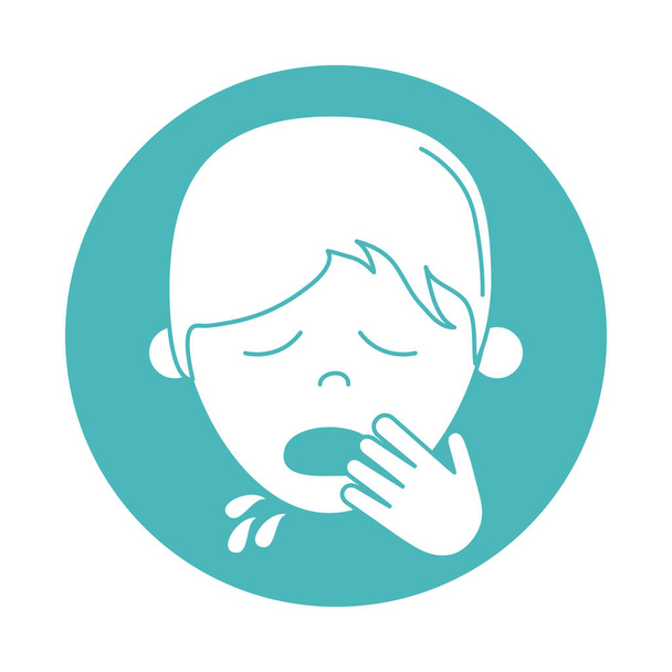 Вирус ковид 19 пандемия мальчик кашель покрыть рот блок стиль икона
 - Вектор,изображение