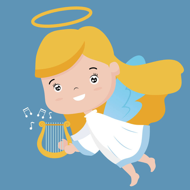 Angel with harp, illustration, vector on white background - Vektör, Görsel