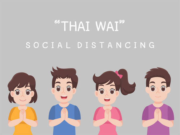 Thai Wai, Κοινωνική Αποστάσεις, Οι άνθρωποι που κρατούν απόσταση για τον κίνδυνο μόλυνσης και ασθένεια. Έννοια υγειονομικής περίθαλψης. - Διάνυσμα, εικόνα