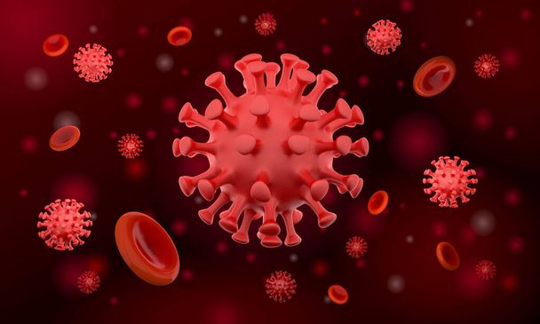 Εστία του ιού Covid-19 στο μικροσκόπιο, Κύτταρα ιού του ιού της αναπνευστικής γρίπης που επιπλέει, ιός βλάβης του πνεύμονα, φόντο τρισδιάστατης απεικόνισης. - Φωτογραφία, εικόνα