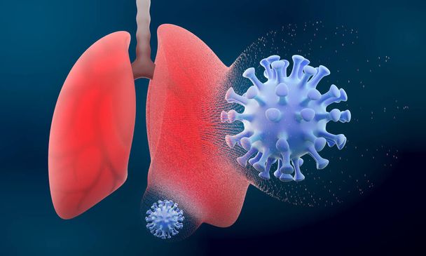 Epidemia Covid-19 wirusa korony pod mikroskopem, Pływające komórki wirusa grypy oddechowej, Wirus uszkodzenia płuc, tło ilustracji 3D. - Zdjęcie, obraz