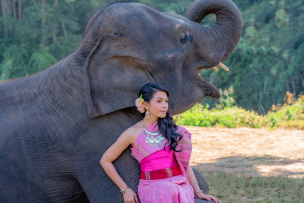 Mulheres tailandesas bonitas vestindo roupas tradicionais tailandesas em pé em um elefante no parque natural tailandês, conceito de mulher
. - Foto, Imagem