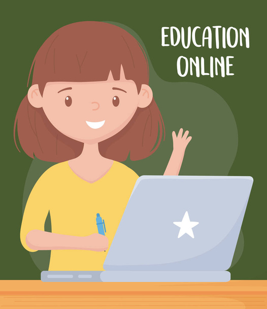 educación en línea, profesora con portátil y pluma
 - Vector, Imagen