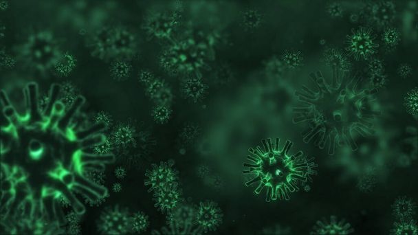 Coronavirus 2019 o COVID-19 corona virus enfermedad bacterias atención médica fondo gripe peligrosa cepa pandemia microscopio virus de cerca, 3d ilustración
 - Foto, Imagen