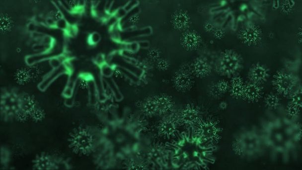 Wirus koronawirusowy 2019 lub COVID-19 bakterie choroby korony opieka medyczna tło niebezpieczne szczep grypy pandemiczny mikroskop wirusa zbliżenie, ilustracja 3D - Zdjęcie, obraz
