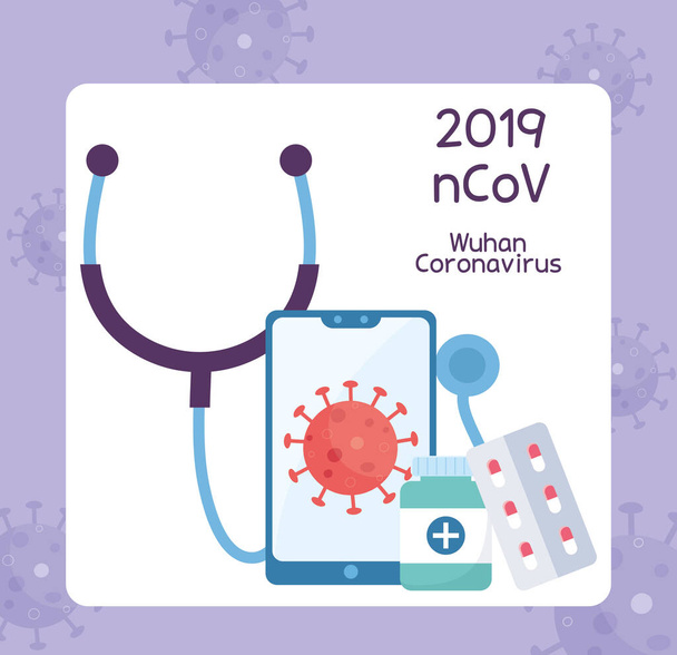 online health, smartphone stethoscope medicine pills virus covid 19 coronavirus - Vector, Image