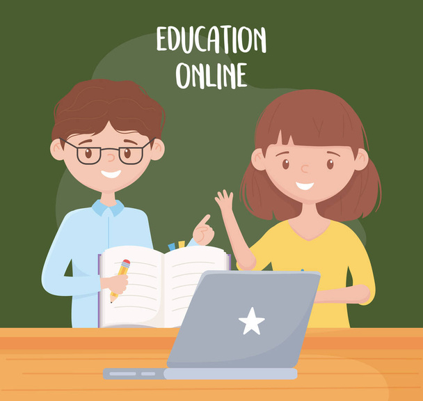online vzdělávání, učitelé s knižním perem a notebookem na stole - Vektor, obrázek