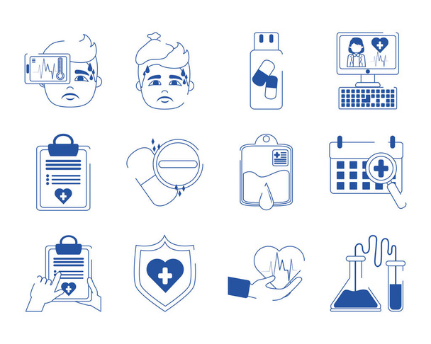онлайн-лікар охорони здоров'я догляд за синьою лінією набір іконок стилю
 - Вектор, зображення