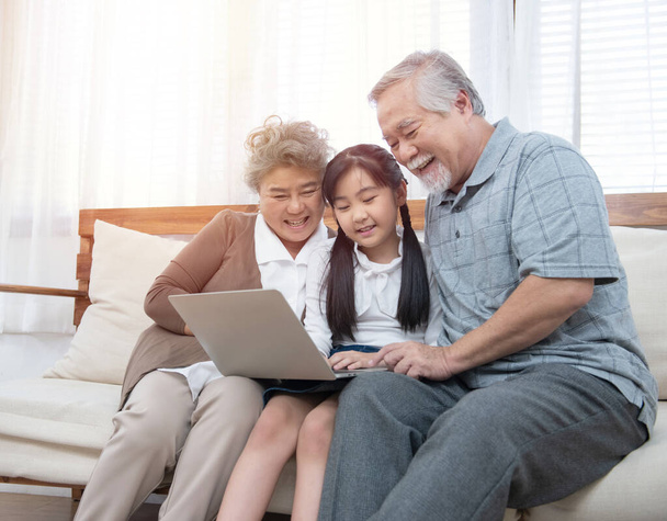 Little granddaughter teach senior elder to surf internet using computer and technology& modern lifestyle.Happy asian grandparent with little young cute grandchild sitting on sofa playing laptop together.. - Photo, image