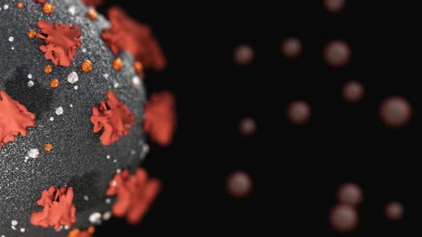 Moving background with a virus cell, coronavirus, COVID-19, 2019-nCoV, SARS -CoV-2 molecule on a black background with other molecules and a bokeh effect around the edges. 3d 4K loop animation - Footage, Video