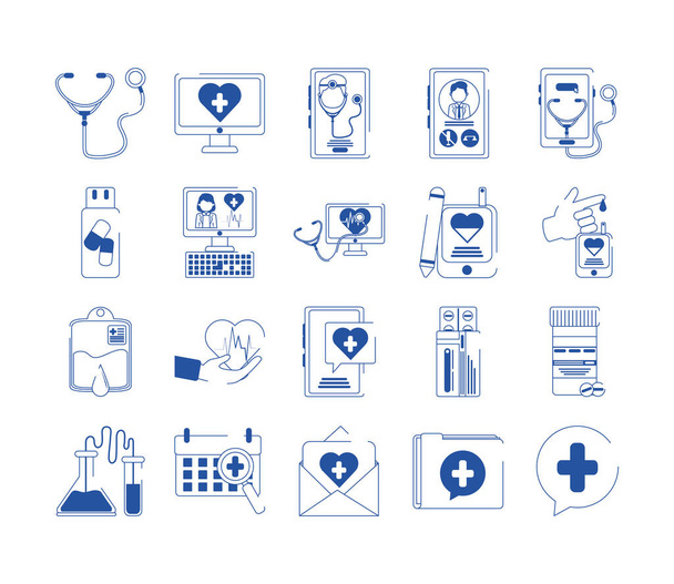 オンライン医師健康医療ブルーラインスタイルのアイコンセット - ベクター画像
