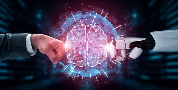3Dレンダリング人工知能人の生活の未来のためのロボットとサイボーグ開発のAI研究。コンピュータ脳のためのデジタルデータマイニングと機械学習技術設計. - 写真・画像