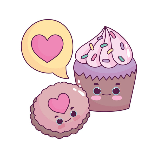 schattig eten cupcake en koekje liefde hart zoet dessert gebak cartoon geïsoleerd ontwerp - Vector, afbeelding