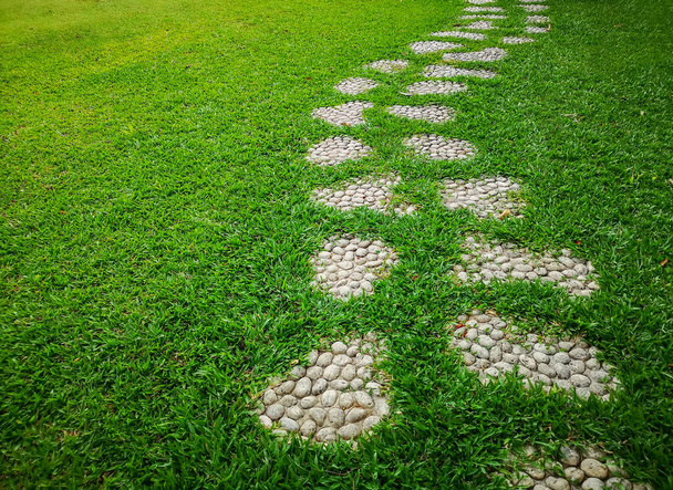 Passerella modello curva di ghiaia stepstone sul cortile erba verde fresca, tappeto liscio prato nel parco pubblico
 - Foto, immagini