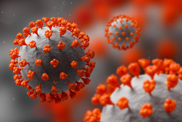 Koyu arkaplanda yüzen kırmızı ve gri korona virüs hücrelerinin mikroskobik görüntüsü - Fotoğraf, Görsel