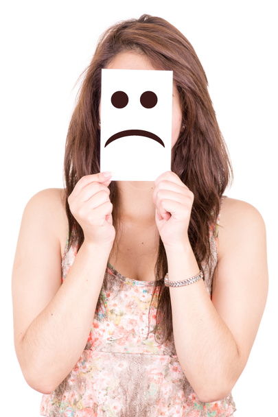 Pretty Young Woman with Sad face Emoticon - Photo, Image