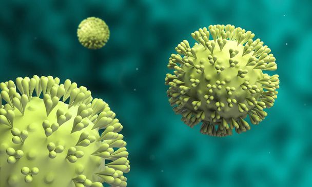 Coronavirus 2019-nCov. Illustration 3d Vue microscopique des cellules virales en gros plan. Reproduction artistique du virus Corona sur fond vert
.  - Photo, image
