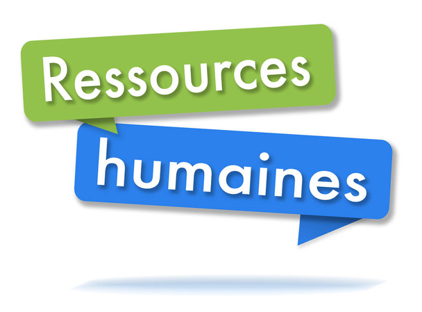 Menselijke hulpbronnen in twee gekleurde groene en blauwe spraakbellen en franse taal - Foto, afbeelding
